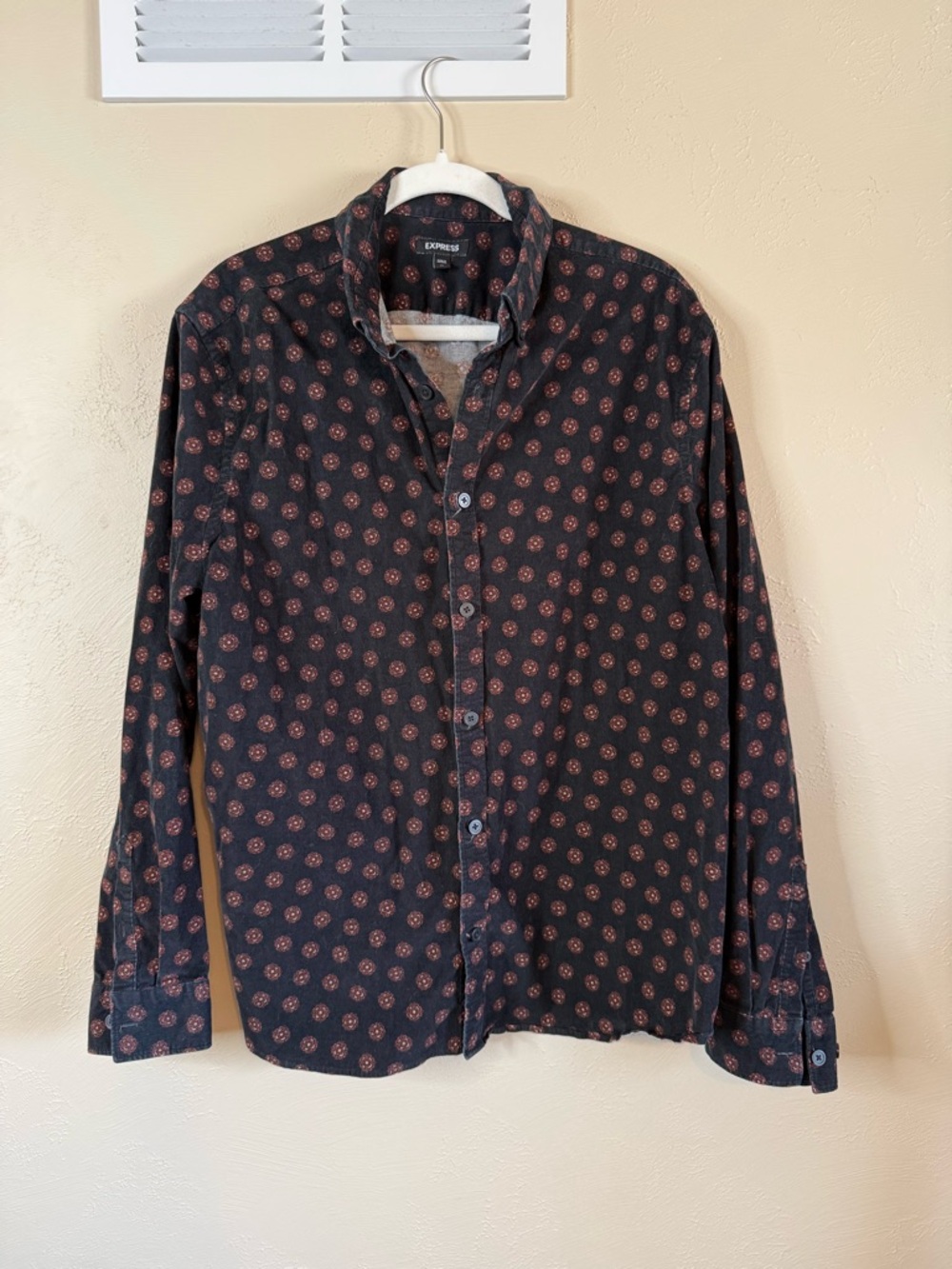 Express Black Button-Down Shirt with Red Medallion Print
